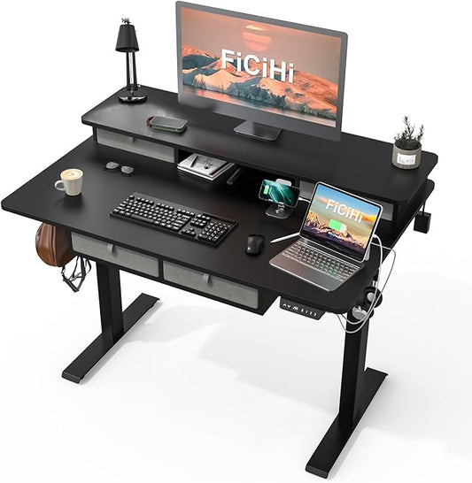 FiCiHi Adjustable Height Standing Desk with 4 Drawers,48 x 30 inches Electric Sit Stand Home Office Desk with Two Tiers, 3 Memory Presets, Monitor Stand Riser, USB A/C Charging Port
