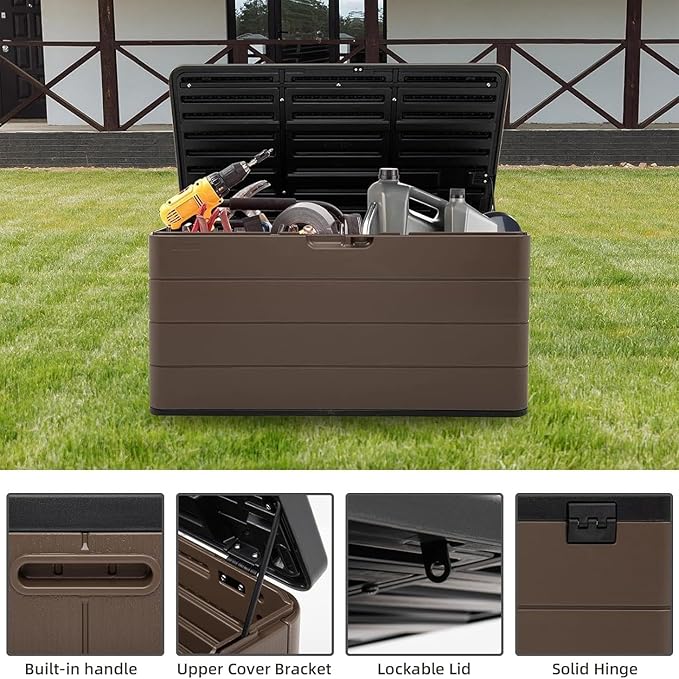 Decksplore 100 Gallon Plus Outdoor Storage Box Waterproof Lockable Resin Deck Box Large, Patio Storage Bin for Pool Accessories Cushion Furniture, Garden Tools, UV-Resistant Outside Delivery Brown