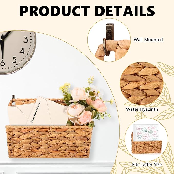 2 Pcs Woven Mail Holder Wall Mount Basket Rattan Wall Letter Holder Wicker Hanging Magazine Rack Water Hyacinth Magazine Basket Wall File Folder Hanging Storage Basket with Hooks for Envelope Office