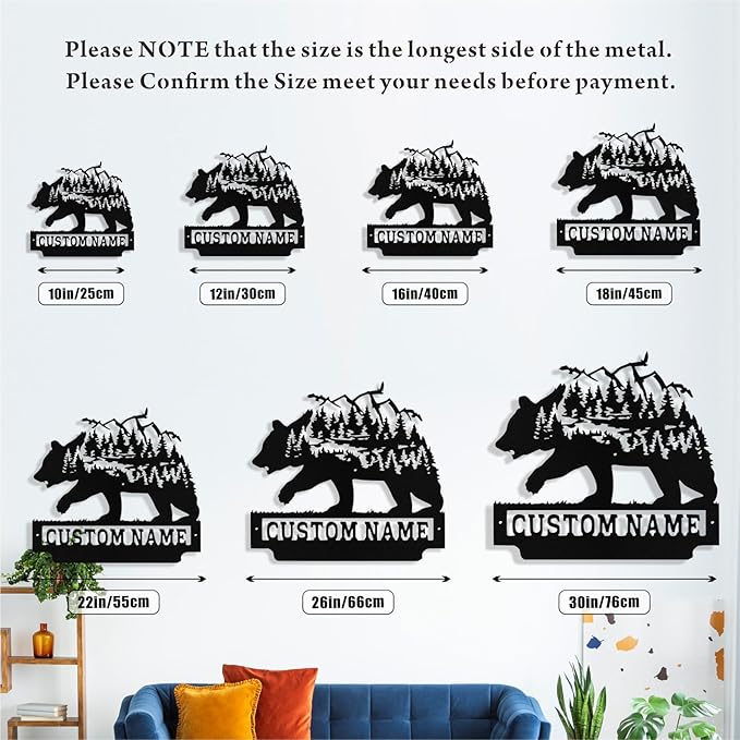 Custom Bear Metal Sign, Custom Bear Metal Wall Art Decor, Personalized Last Name Signs for Home, Rustic Farmhouse Black Wall Decor for Cabin, Bedroom, Living Room, Porch