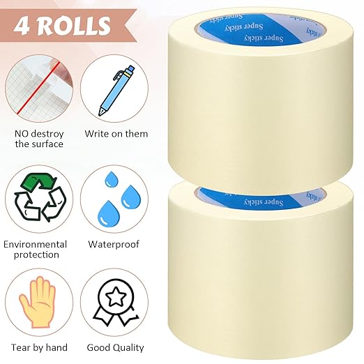 Fainne Masking Tape Bulk General Purpose Masking Painting Tape 55 Yards for Painting Home Office School Stationery Arts Crafts Basic Use, Easy Removal(4 Rolls,4 Inch)