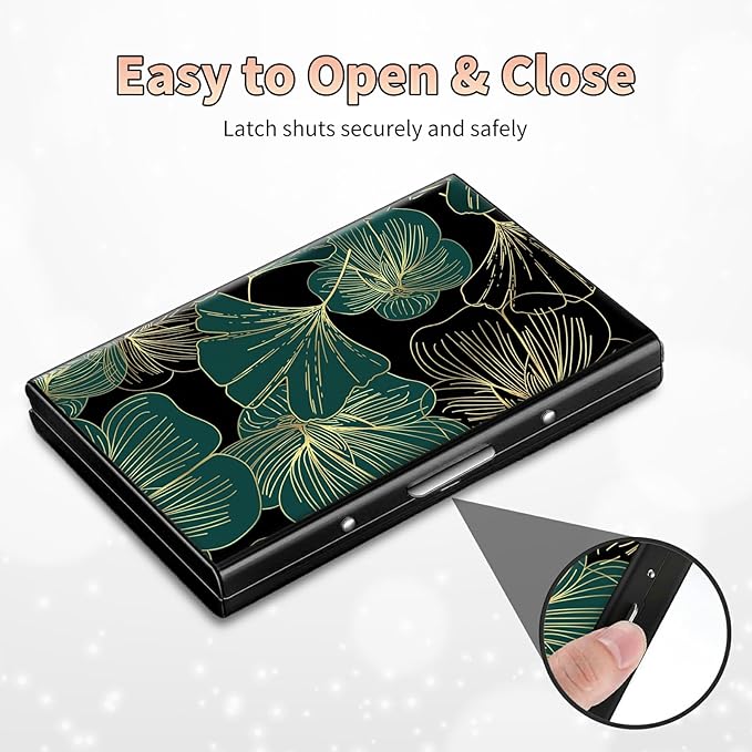 BWEGRHE Slim Credit Card Holder, Art Leaf RFID Blocking Metal Wallet for Men & Women, Aluminum Minimalist Hard Case Pocket-Sized Business Cards Organizer (Fits Up to 10 Cards)
