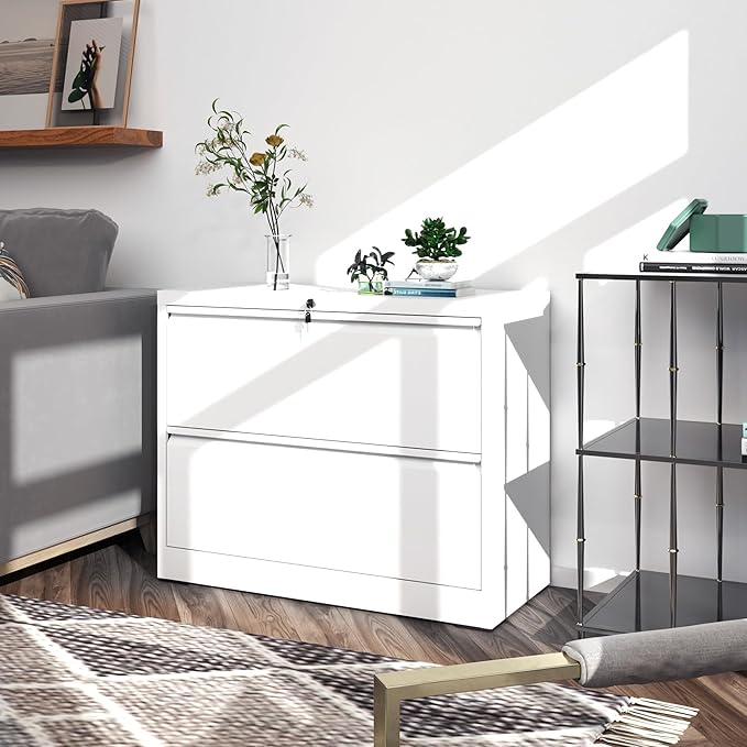 FLIXELIO File Cabinets 2 Drawer,Metal Office Storage Filing Cabinet with Lock,White Lateral Filing Cabinet for Home Office,Horizontal Two Drawer File Cabinet for Legal/Letter/A4,Assembly Require,White
