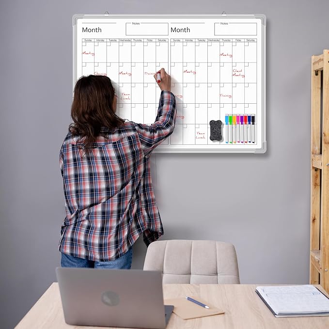 Lincia 36" x 12" Magnetic Horizontal 2 Month Dry Erase Calendar for Wall Undated Horizontal Dry Erase Wall Calendar Planner Aluminum Frame Whiteboard Calendar for Home Office Projects Wall Fridge