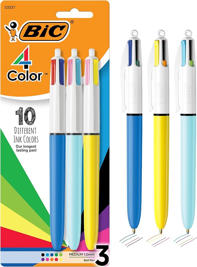 BIC 4-Color Retractable Ballpoint Pen, Long-Lasting Ink and Comfortable Wide Barrel, 3-Count Pack in Assorted Ink