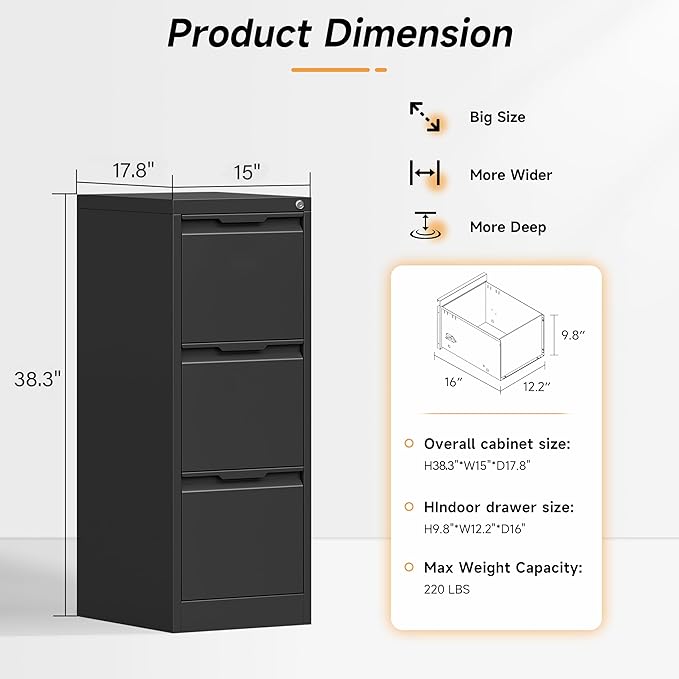 Bestoo 3-Drawer File Cabinet with Lock, Metal Filing Cabinet for Home Office, Vertical Filing Storage Cabinets, Fits File Folders, Letter/Legal/F4/A4 Size, Assembly Required (Black)