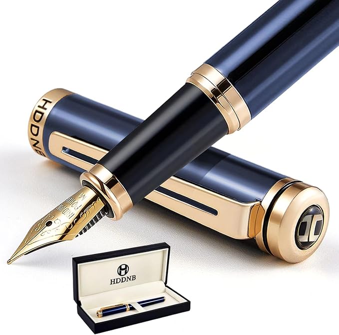 HDDNB Blue Luxury Fountain Pen Set for Men and Women with Gift Box, 24K Gold Finish and Gilded Nib(Medium) with 5 Black Ink Cartridges and Converter