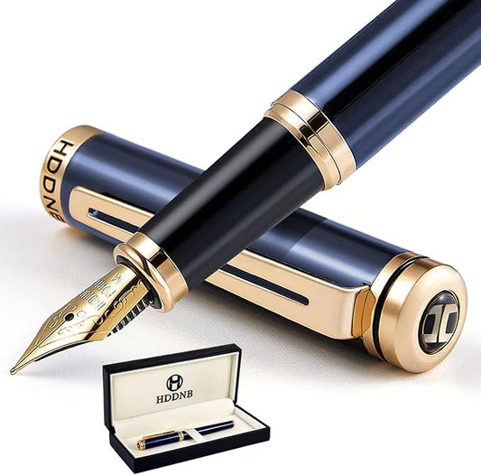 HDDNB Blue Luxury Fountain Pen Set for Men and Women with Gift Box, 24K Gold Finish and Gilded Nib(Medium) with 5 Black Ink Cartridges and Converter