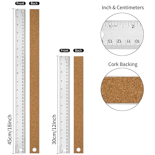Metal Ruler with Cork Backing, 12+18 Inch Stainless Steel Rulers 12 Inch 18 inch Metal Ruler - Imperial and Metric - Non-Slip Prevent Ink Leakage - for School Office Engineering Tools