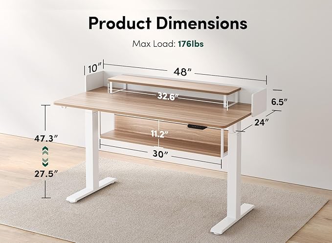 FEZIBO 55" Electric Standing Desk with Shelves, 55x24 Inches Sit Stand Rising Computer Desk with Monitor Shelf, Home Office Desks with Hook, Adjustable Height Stand Up Workstation Table, Light Walnut