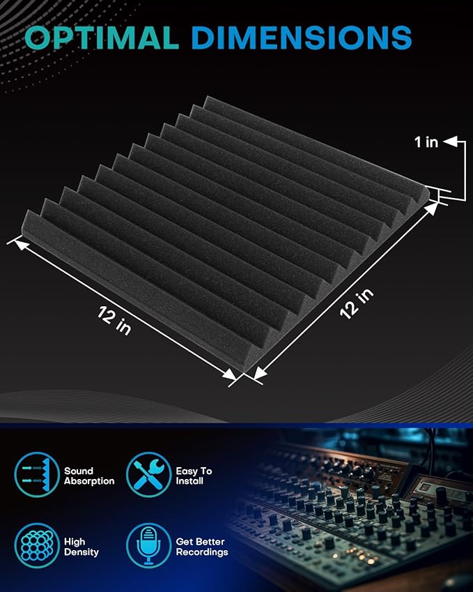 Knightsacoustic 96 Pack Sound Proof Foam Panels for Walls, 1 X 12 X 12 Inches Acoustic Foam Panels, High Density Acoustic Panels Sound Absorbing, Black Noise Cancelling Studio Wedges(NOT ADHESIVE)