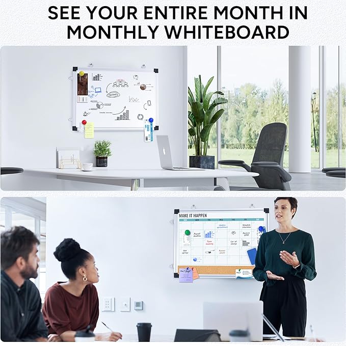 Monthly Calendar Whiteboard and Cork Board Combo for Wall, 17"x13" Reversible Hanging Dry Erase Board, Double Sided White Board with Aluminum Frame for Planning, Office, Kitchen, School, Home