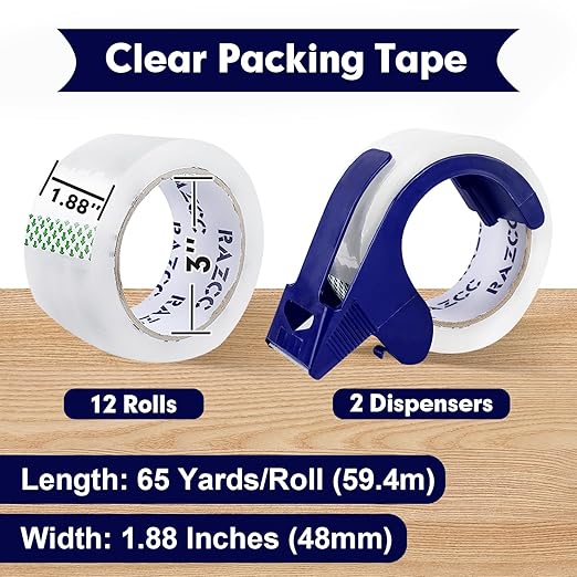 RAZCC Packing Tape, 12 Rolls Clear Heavy Duty Packaging Tape with Dispensers for Packing, Shipping, Moving and Mailing, Thicker Sealing Tape-1.88" x 65 Yards Per Roll, 780 Total Yards