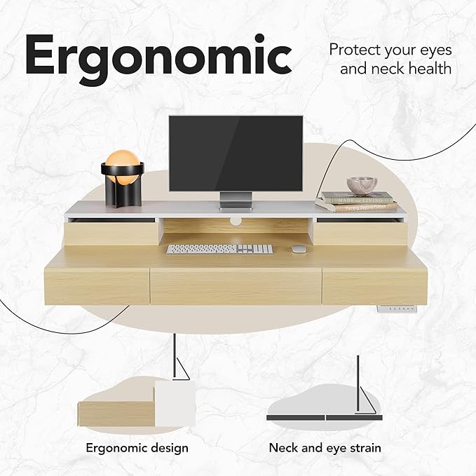 HUANUO Standing Desk with Drawers, 48 Inches Electric Height Adjustable Desk with Storage, Whole-Piece Board Sit Stand Up Desk with Monitor Shelf, Light Walnut