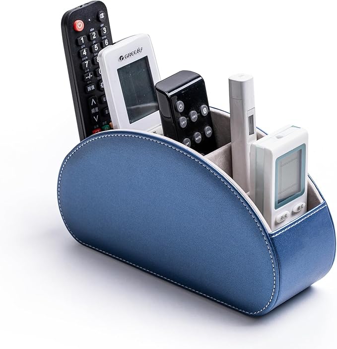Remote Control Holders Organizer Box with 5 Compartment PU Leather Multi-functional Office Desk Storage Caddy Store Tv Remote for Media Player,Brush,Pencil,Glassees&Office Supplies (Champagne Blue)