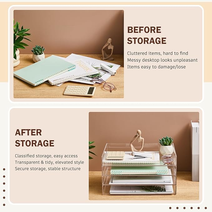 Harloon 4 Tier Acrylic Paper Tray 13 x 10 x 1.7 Inches Stackable Letter Clear Organizer No Need to Assemble Acrylic Paper File Organizer for Office Workspace Desktop Storage (Transparent)