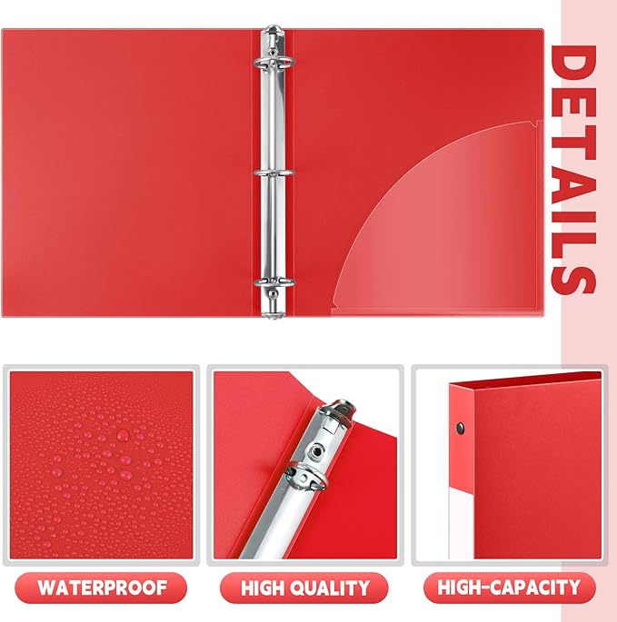 Henoyso 36 Pcs 3 Ring Binder 0.5 Inch Round Fits Letter Size 8.5'' x 11'' Paper Plastic Flexible Binder Bulk Holds 140 Sheets with 1 Pockets Versatile Organizer for Home Office School (Red)