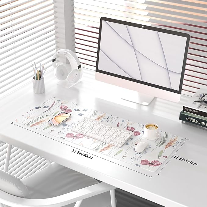 QiyI Large Mouse Pad, Cute Flower Desk Mat for Desktop, Women Girls Floral Office Décor Accessories, PU Leather Waterproof Big Gaming Mousepad, Wildflowers Desk Pad Computer Mat, 31.5" x 11.8"