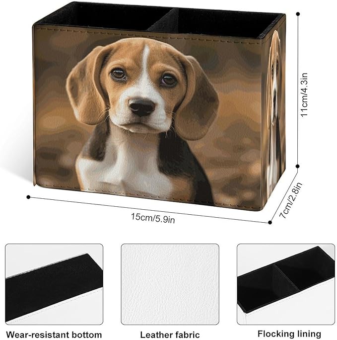 Famame 3D Beagle Dog Pencil Holder for Desk, Leather Desktop Container Pen Cup Storage Study Table Pen Organizer Makeup Brush Holder for Classroom Office Home