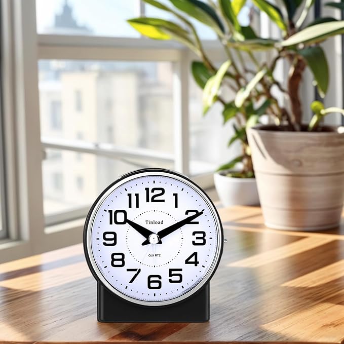Tinload 4.3" No Ticking Analog Alarm Clock,Silent Readable for Seniors,Easy to Set,Gradual Rise Alarm,Big Numbers,On/Off Switch on Side,Gentle Wake,Snooze,Lighted on Demand,Battery Operated,Black