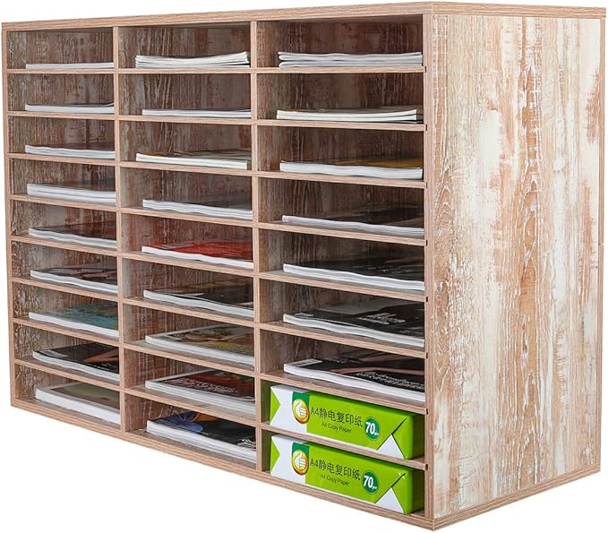 PAG Mail Sorter, Wood Literature Organizer, Student Mailbox for Classroom, Desktop Bill Paper Organizer for Office Home School, 27 Compartments, Retro White