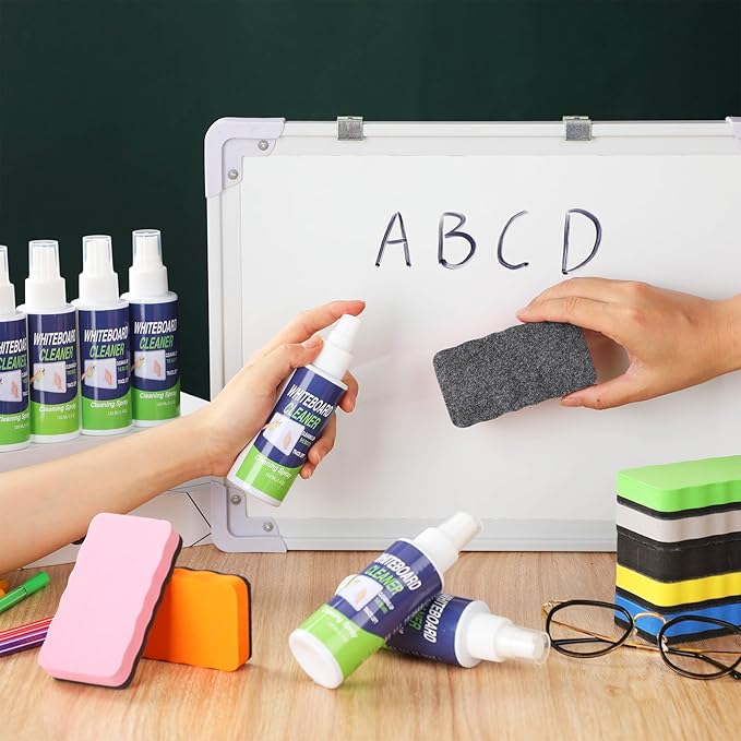 Heigble 8 Pack Whiteboard Cleaner 3.4 fl oz Whiteboard Cleaning Spray Dry Erase Board Liquid Cleaner with 8 Pack Magnetic Chalkboard Board Erasers White Board Eraser for Classrooms, Home, Office