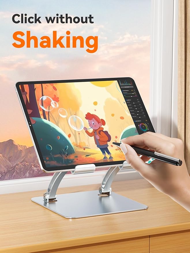 tounee Tablet Holder Stand, Dual Rod Adjustable Aluminum Desktop Stand, Compatible with 4.7-16.9" iPads, Surface Tablets, Portable Monitors, Kindle & More (Silver)