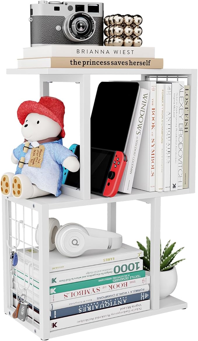 Vfelf Desktop Bookshelf Organizer, White 3-Tier Desk Shelf with Metal Hook Workspace Organizers for Desk Organization and Office Storage Table Bookcase