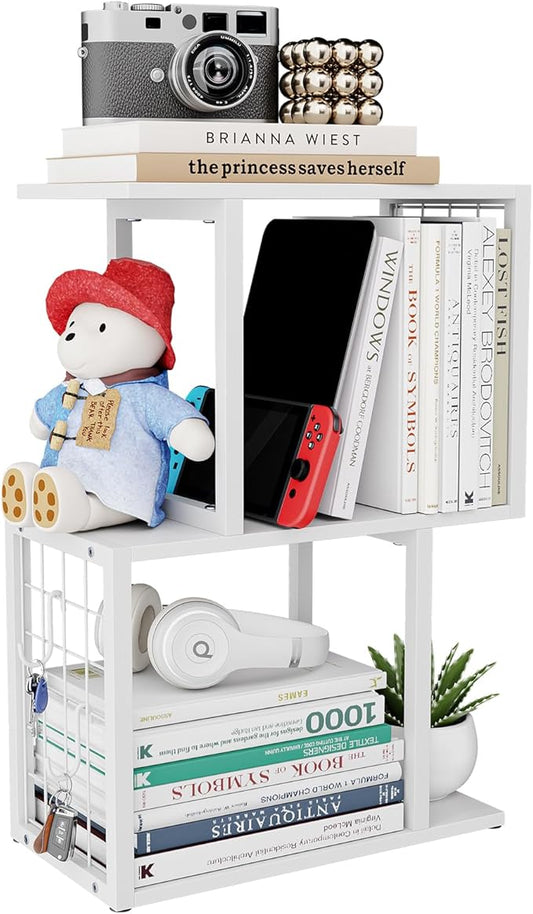 Vfelf Desktop Bookshelf Organizer, White 3-Tier Desk Shelf with Metal Hook Workspace Organizers for Desk Organization and Office Storage Table Bookcase