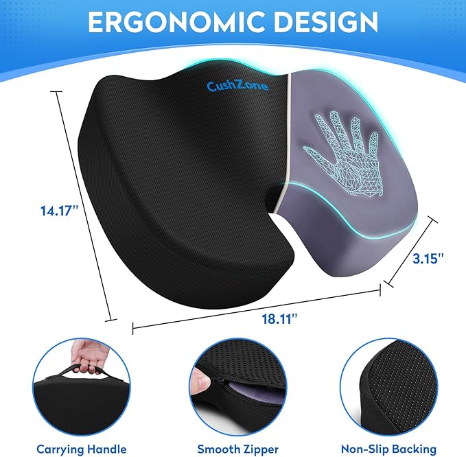 CushZone Seat Cushion, Office Chair Cushions, Car Seat Cushion, Non-Slip Sciatica & Back Coccyx Tailbone Pain Relief Chair Pad, Memory Foam Pillow for Computer Desk, Wheelchair, Driving(Black)