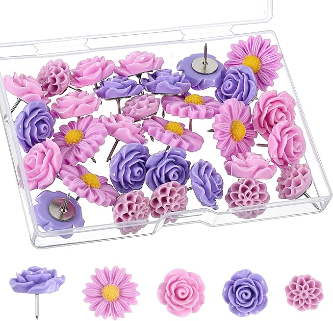 XLIUAX 40Pcs Flower Push Pins, Rose Thumb Tacks Cute Pink Thumbtacks for Cork Board Decorative Push Pins for Bulletin Board Photos Wall Maps Offices (Purple)