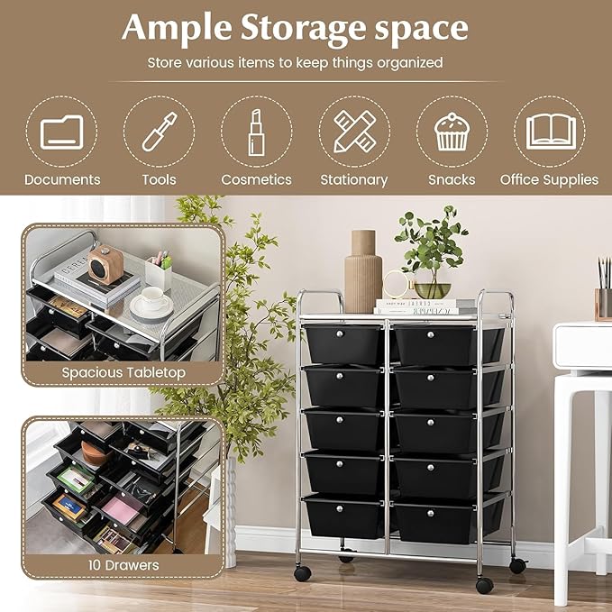 LDAILY 10 Drawer Rolling Cart, Storage Cart Organizer on Wheels, Drawer Cart with Metal Frame & Large Storage Capacity, Rolling Cart with Drawers for Living Room Classroom, Office