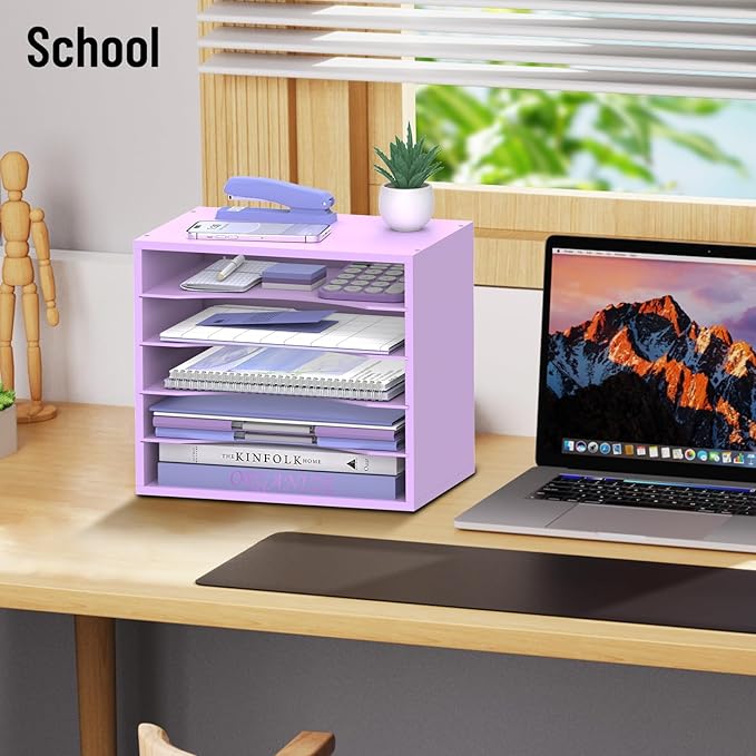 SHARKWOODS 5-Tier Wood Desk Organizer, Paper Tray Organizer for Desk with Adjustable Storage Shelves, Desktop File Organization Paper Sorter Mail Holder for Office Home Classroom, Purple