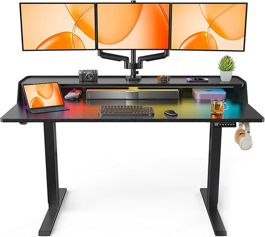 ErGear Standing Desk with LED Strip, 55″ x 28″ Electric Height Adjustable RGB Gaming Table with Shelf, Sit Stand Desk with Dual Cable Holes, C-Clamp Mount Compatible, 4 Preset Heights, Black