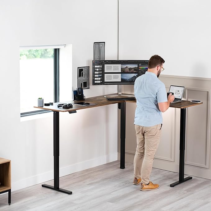 VIVO Electric Corner 75 x 63 inch L-Shaped Standing Desk, Memory Height Adjustment, Rustic Vintage Brown Top Black Frame, DESK-E3CTN-75