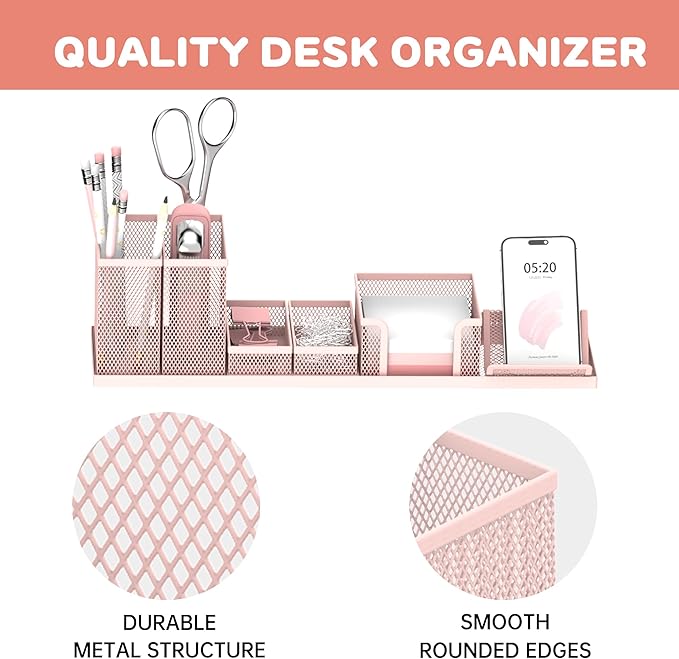 SUPEASY Pen Holder for Desk, 6 Piece Mesh Desk Organizer set for Office Organization with Mail Organizer, Letter Phone Holder, Sticky Notes Caddy Storage, Pink