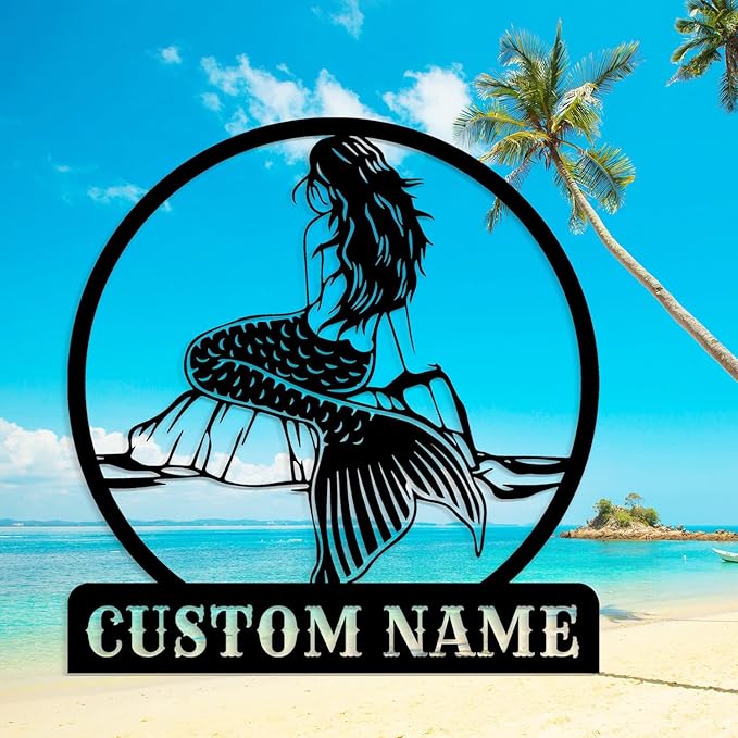 Custom Mermaid Metal Sign,Personalized Mermaid Name metal Signs,Mermaid Wall Decor,Beach Theme Decor, Girls Mermaid Room Decor,Metal Wall Decor (Style-3)
