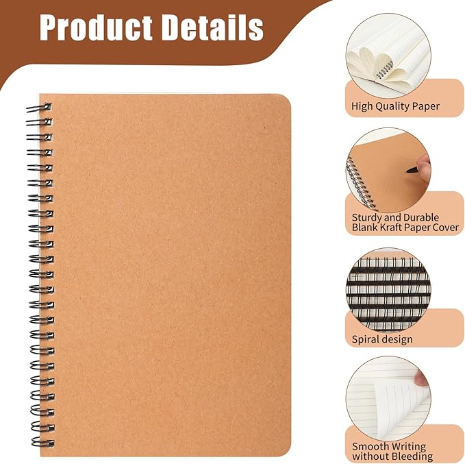 miikoul 60 Packs A5 Spiral Lined Notebooks, Kraft Paper Cover, 8.3"×5.5", 60 Sheets/120 Pages, Ruled Notebooks Bulk, Hardcover Journal Notepad Travel Notebooks for Office and Back to School Supplies