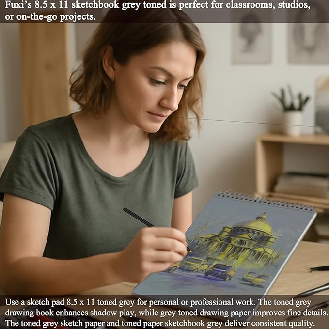 Fuxi Toned Gray Sketchbook 8.5x11, 60 Sheets (85lb/150gsm) Spiral Bound, Hardcover, Artist Sketch Pads for Drawing for Adults with Pencil, Charcoal, Colored Pencils for Artists & Students, Classroom.