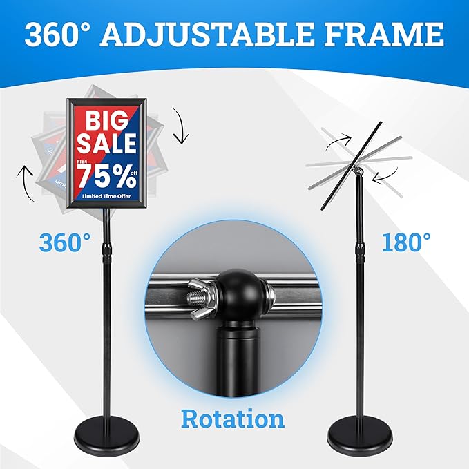 Banzoni Standing Sign Holder | Adjustable Pedestal Signage Stand for 8.5x11 Posters | Heavy Duty Floor Display Stand with Non-Slip Weighted Base | Vertical and Horizontal View Menu Stand for Business