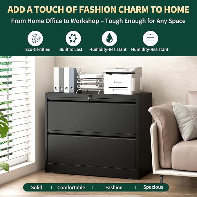 2 Drawer Lateral File Cabinet with Lock, Metal File Cabinets for Home Office, Office Furniture for Organization Hanging Legal/Letter/A4, Metal Filing Cabinet Storage Cabinet, Require Assembly, Black