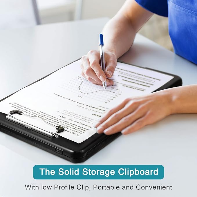 6 Pieces Clipboard with Storage, 9.5 x 13.5 Heavy Duty Plastic Storage Clipboard, Nursing Foldable Clip Board with Compartment and Metal Clip for Nurse Teacher Student Classroom Office (Black)