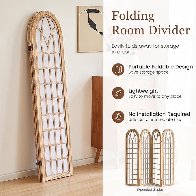 Asnefeli 4 Panel Japanese Room Divider, Shoji Style Partition Divider, Fully Assembled Wooden Privacy Screen for Home Office Bedroom Apartment Decoration, Natual
