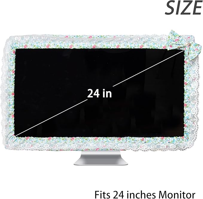 Kingshion 24-inch Cute Lace Fabric Monitor Cover with Elastic Pen Pocket & Bow-knot Design, Dust Protector for Computer/TV/LCD Screens- Green