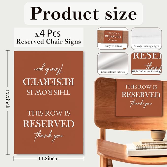 ChissNook Reserved Seating Chair Signs, This Row Is Reserved Pew Cloths Seating Placeholder for Church Pews, Fall Terracotta Wedding Decorations for Reception Parties Event (Burnt Orange, 4 PCS)
