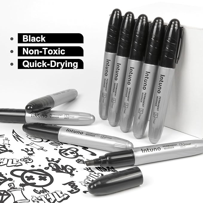 INTUNO Jumo Permanent Markers, 60 Count Black, Chisel tip, Oil-Based Permanent Markers, Waterproof and Fade-Resistant, for Paper, Wood, Metal, Glass and More