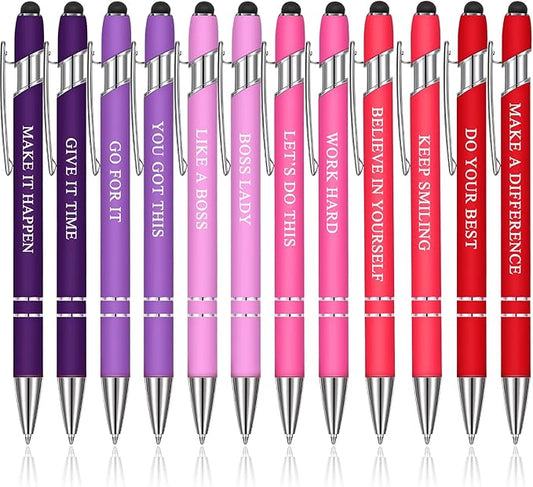Zonon 12 Pcs Inspirational Pens Bulk Funny Ballpoint Pen with Stylus Tip Motivational Gifts for Valentine's Day Teacher Coworkers Nurse School Office Supplies(Pink Purple Colors,Boss Lady)