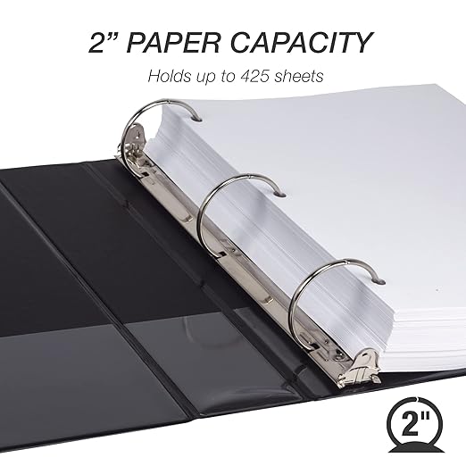 Samsill 2 Inch 3 Ring Binder, Made in USA, Economy Round Ring, Clear View Cover, 425 Sheet Capacity - for School, Home, Office - Charcoal Black