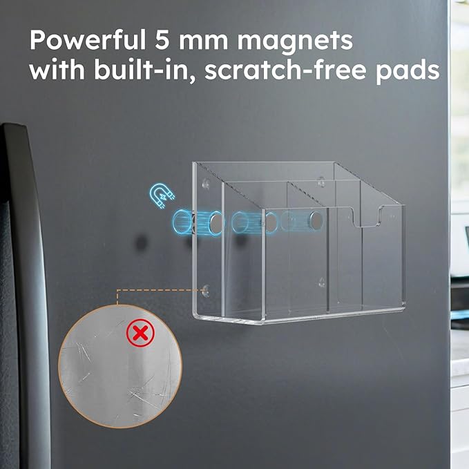 AITEE Magnetic Pen Holder for Refrigerator, Whiteboard & Locker - Acrylic 4-Magnet Organizer with Non-Slip Pads, Holds Markers, Pens, Scissors & Notes, Clear Accessory for Office, Classroom, Kitchen