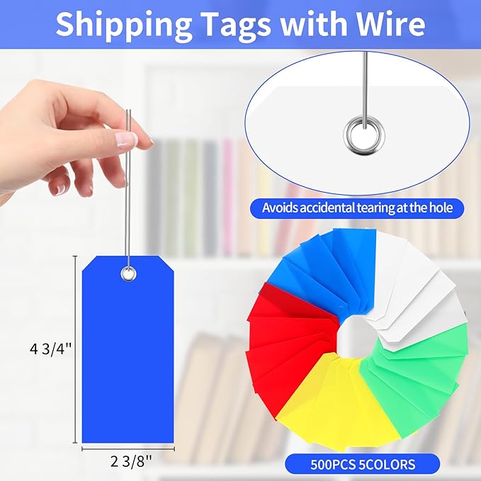 500 Plastic Shipping Tags with Wire - Waterproof Heavy Duty Labels with String Wires - Colorful, 4 3/4 x 2 3/8